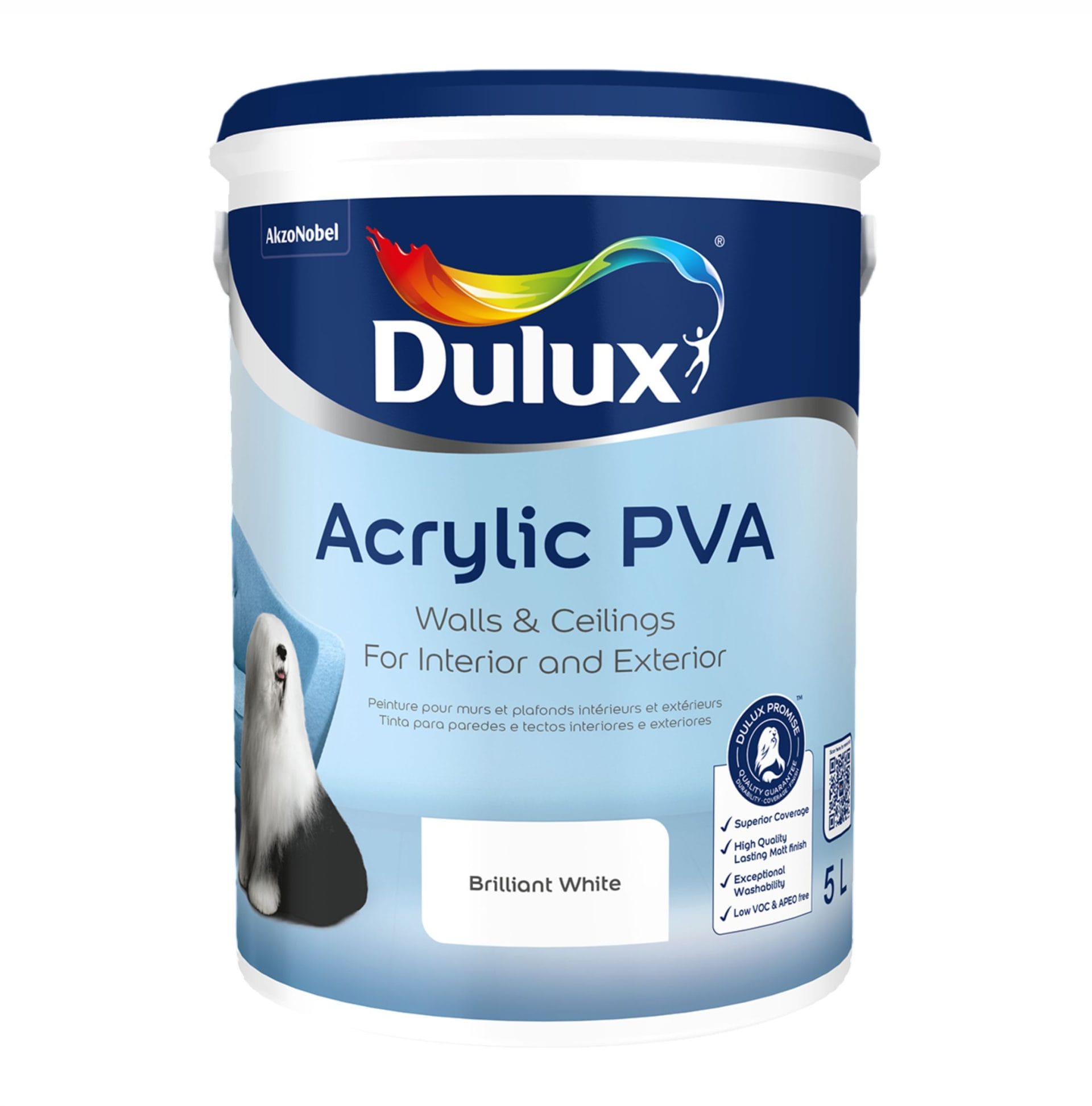 Dulux Acrylic PVA paint for interior and exterior walls and ceilings – available in 1L, 5L, and 20L. Colours: Black and White. Sold by Hyper Paint South Africa with 9 Johannesburg branches and delivery all across South Africa via our website www.hyperpaint.co.za.