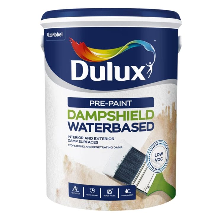 Dulux Pre-Paint Dampshield Waterbased – white damp barrier for interior and exterior walls. Available in 1L and 5L sizes. Sold by Hyper Paint in South Africa with 9 Johannesburg branches and delivery via www.hyperpaint.co.za.