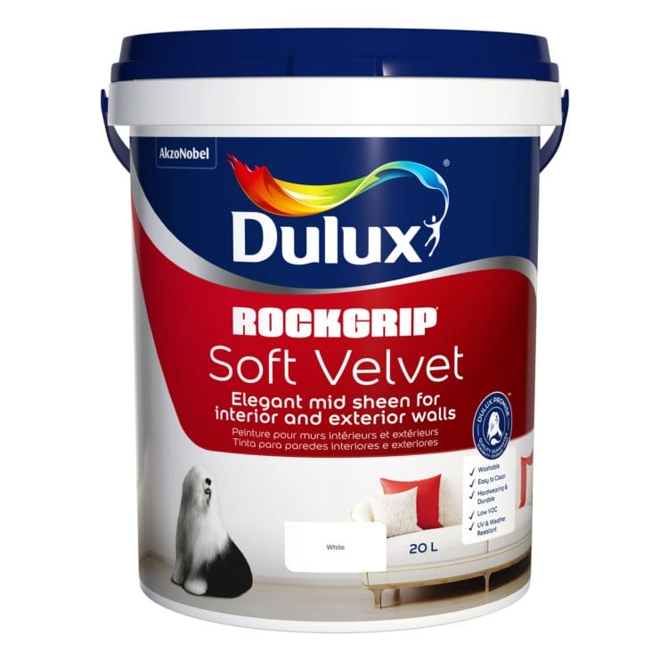Dulux Rockgrip Soft Velvet 20L mid-sheen paint for interior and exterior walls – also available in 1L and 5L. Colour: White. Available at Hyper Paint in South Africa with 9 Johannesburg stores and nationwide delivery via www.hyperpaint.co.za.