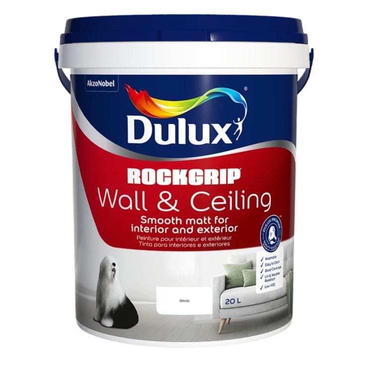 Dulux Rockgrip Wall and Ceiling PVA – smooth matt paint for interior and exterior walls and ceilings. Available in 1L, 5L, and 20L. Colours: Cameo Green, Discreet Charm, Faded Denim, Forest Touch, Glistening Sea, Lavender Touch, Marine Glow, Pinky Peach, Rose Feeling, Vanilla Sensation, Wedding White, White. Sold by Hyper Paint South Africa with 9 Johannesburg branches and delivery all across South Africa via our website www.hyperpaint.co.za.