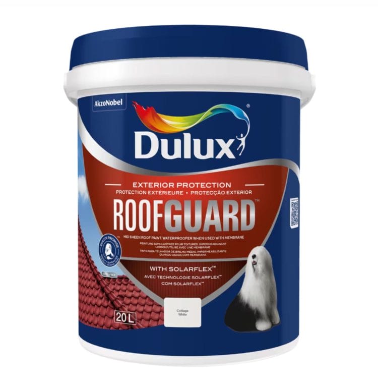 Dulux Roofguard exterior roof paint with Solarflex™ technology – mid-sheen waterproof coating. Available in 1L, 5L, and 20L. Colours: Abbey Lane, Atlantic Blue, Basic Black, Brazilian Brown, Cottage White, Grecian Grey, Green Felt, Heritage Green, Quail, Red Jasper, Red Rock, Reddened Clay, Tuscan Orange, Wild Plum, Botanical Grey, Charred Grey, Nautical Grey, and Summit Grey. Sold by Hyper Paint South Africa with 9 Johannesburg branches and delivery all across South Africa via our website www.hyperpaint.co.za.