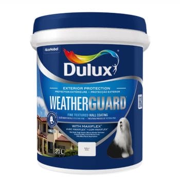 Dulux Weatherguard Fine Textured Wall Coating with Maxiflex – durable and flexible exterior protection paint. Available in 1L, 5L, and 20L. Colours: Aromatic Truffle, Dark Shore, Wild Fog, White, Alcudia, Beige Sand, Berg Cloud, Bushveld, Cape Fog, Castille, Castlewood Canyon, Chalk Stone, Cinnamon Dove, Grey Wind, Karoo Land, Leopard Lair, Malaga, Mohawk Valley, Moroccan Gold, Nightingale Grey, Palomino, Pheasant Feather, Portland, San Sebastian, Stoneware, Summer Showers, Toscana, Veld Storm. Sold by Hyper Paint South Africa with 9 Johannesburg branches and delivery all across South Africa via our website www.hyperpaint.co.za.