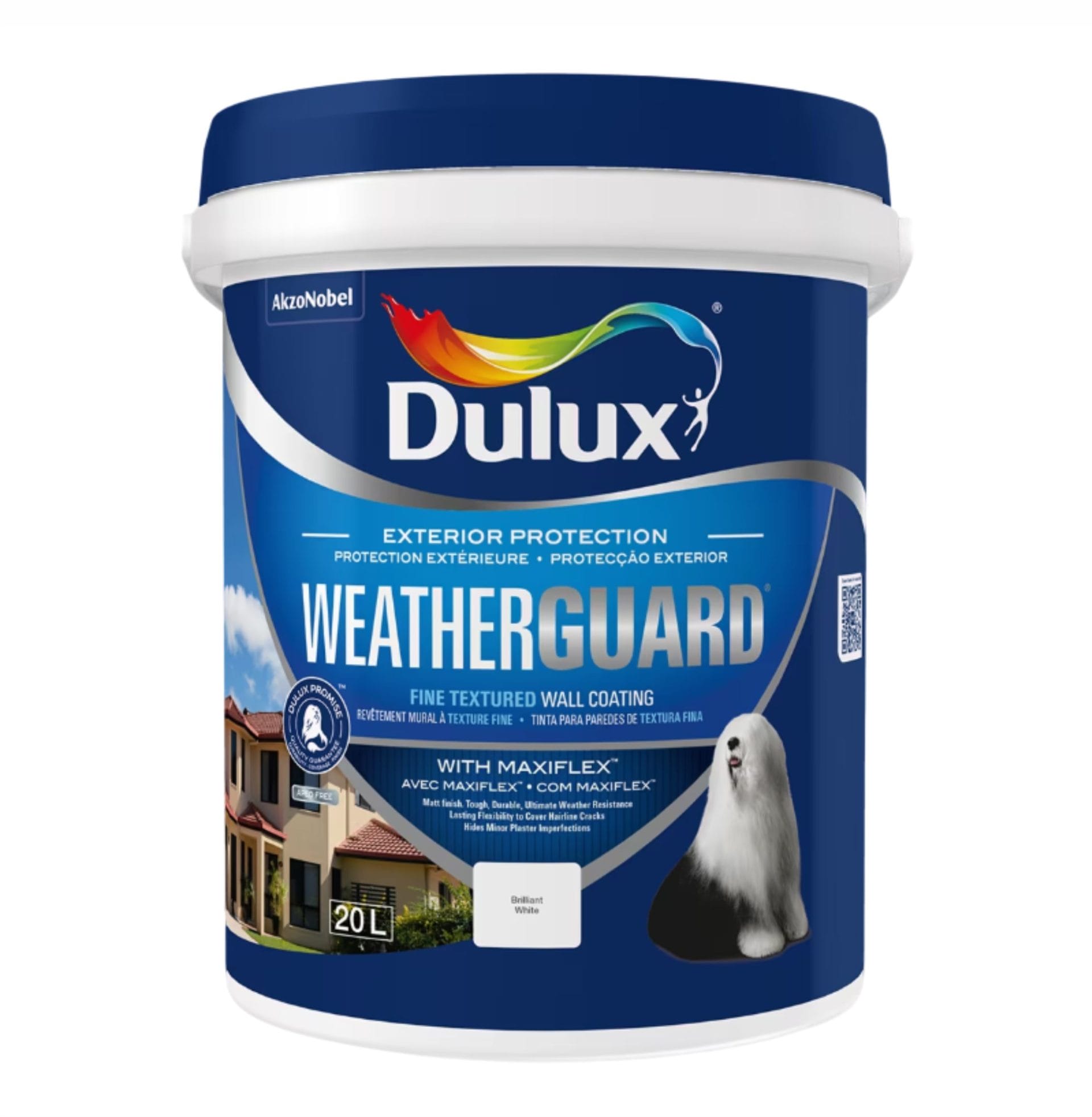 Dulux Weatherguard Fine Textured Wall Coating with Maxiflex – durable and flexible exterior protection paint. Available in 1L, 5L, and 20L. Colours: Aromatic Truffle, Dark Shore, Wild Fog, White, Alcudia, Beige Sand, Berg Cloud, Bushveld, Cape Fog, Castille, Castlewood Canyon, Chalk Stone, Cinnamon Dove, Grey Wind, Karoo Land, Leopard Lair, Malaga, Mohawk Valley, Moroccan Gold, Nightingale Grey, Palomino, Pheasant Feather, Portland, San Sebastian, Stoneware, Summer Showers, Toscana, Veld Storm. Sold by Hyper Paint South Africa with 9 Johannesburg branches and delivery all across South Africa via our website www.hyperpaint.co.za.